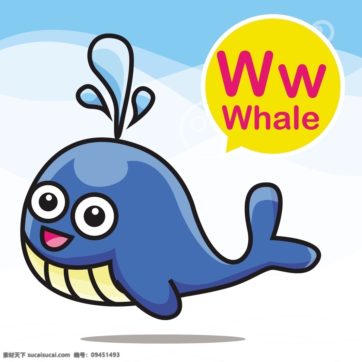 鲸鱼 卡通 小 动物 矢量 背景 喷水 英语 幼儿园 教学 学习 卡牌 手绘 形象