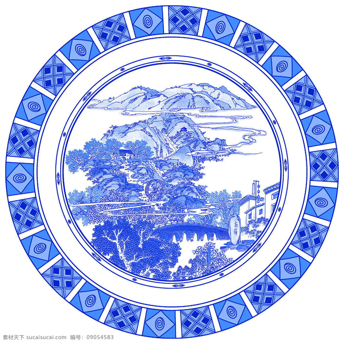 青花圆盘 青花 青花瓷 陶瓷 传统 古典 纹样 中国传统元素 底纹边框 花边花纹
