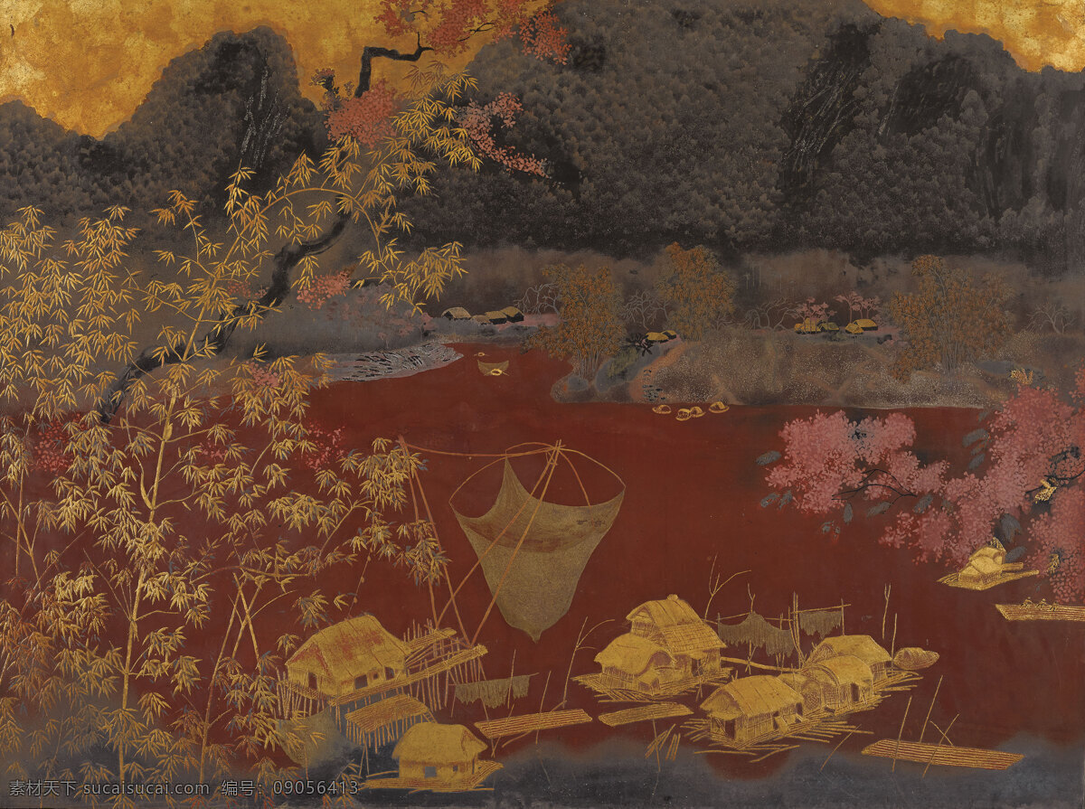水上人家 描金画 金色竹子 江面 打鱼人爱 渔网 现代油画 油画 文化艺术 绘画书法