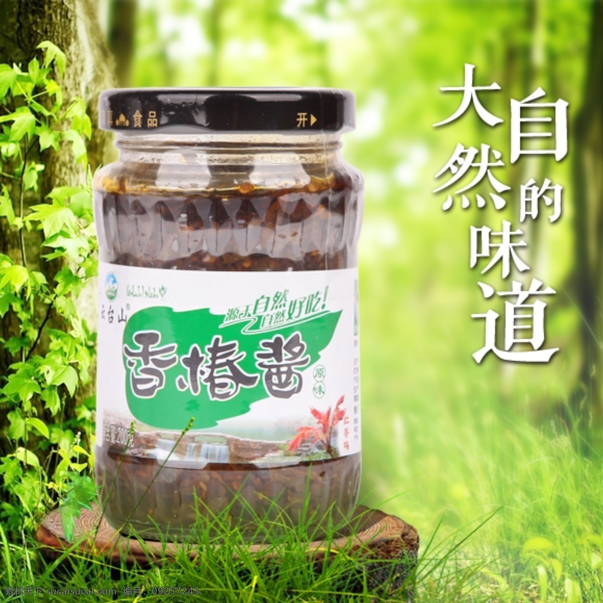 云台山 香椿 酱 淘宝网 店主 图 云台山香椿酱 森系 树叶 树桩 网店主图 大自然的味道 森林背景 实景 分层素材 绿色 清新 自然 返璞归真