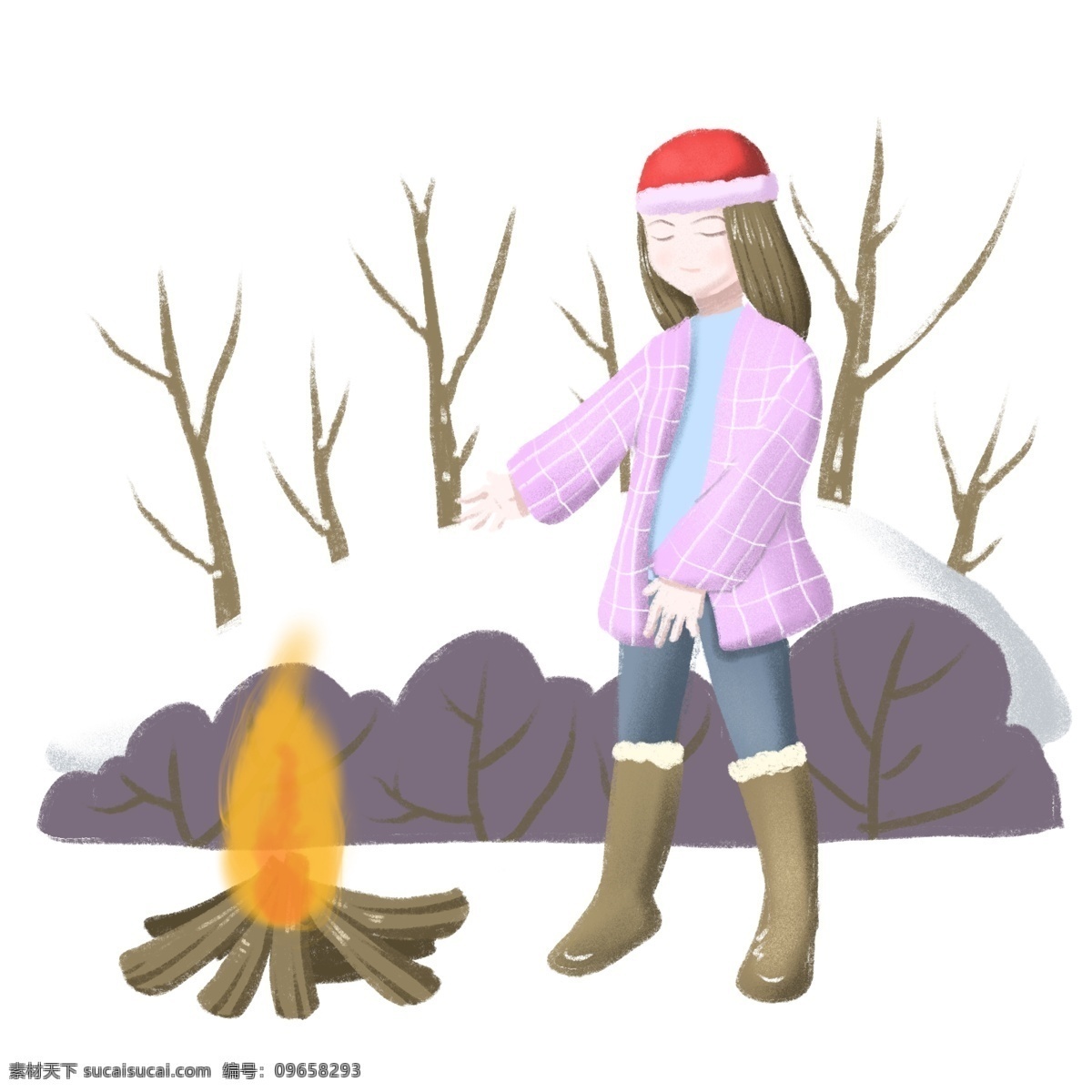 大寒 小女孩 烤火 插画 黄色的火苗 白色的雪地 人物 手绘 落雪的植物 褐色的树木 黄色的篝火