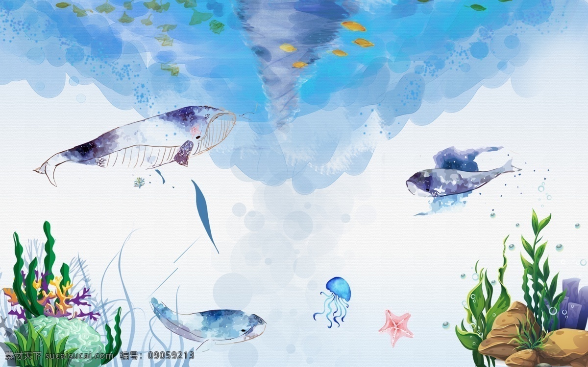 手绘 海洋 电视 背景 墙 分层