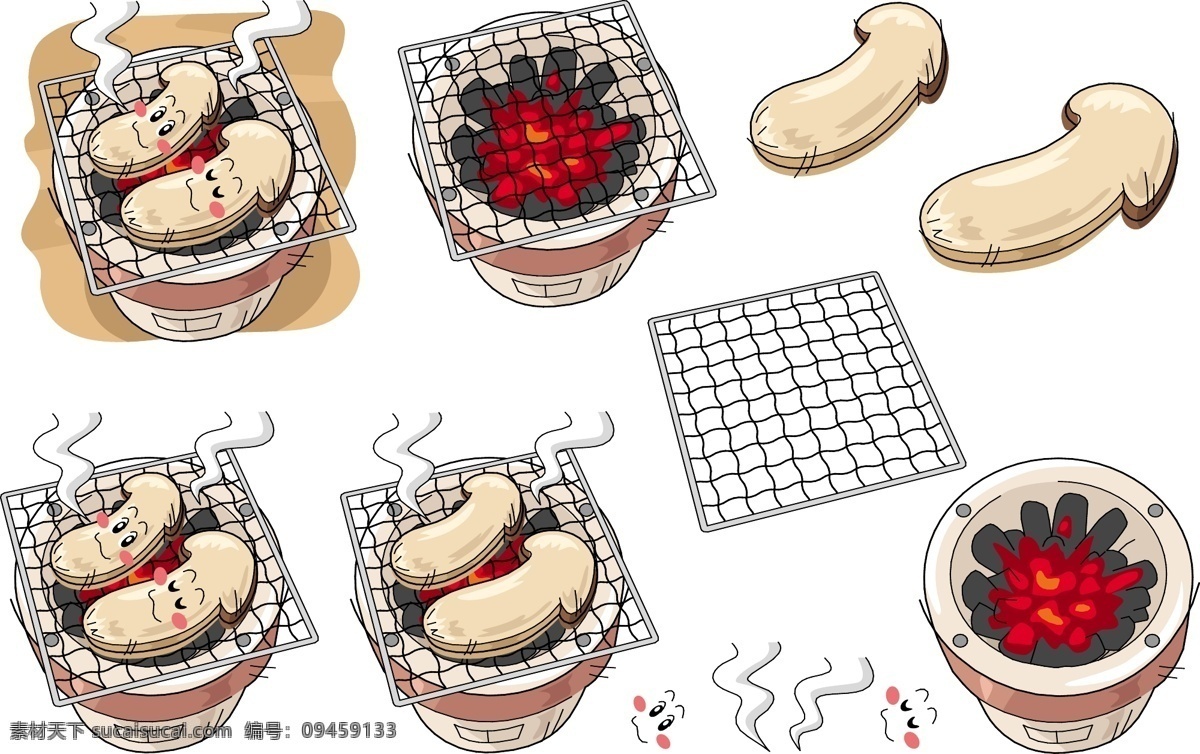 手绘 烧烤 蘑菇 表情 蔬菜 香菇 菌类 插画 插图 q版 可爱 炭火 香气 卡通 符号 厨房 图标 健康 维生素 农场 开心农场 生物世界 矢量