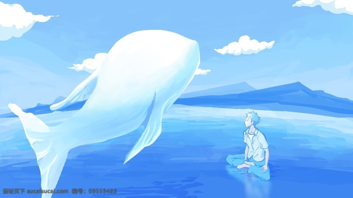 原创 插画 深海 鲸鱼 治愈 系 蓝色 小清新 少年 大海 安静 清澈