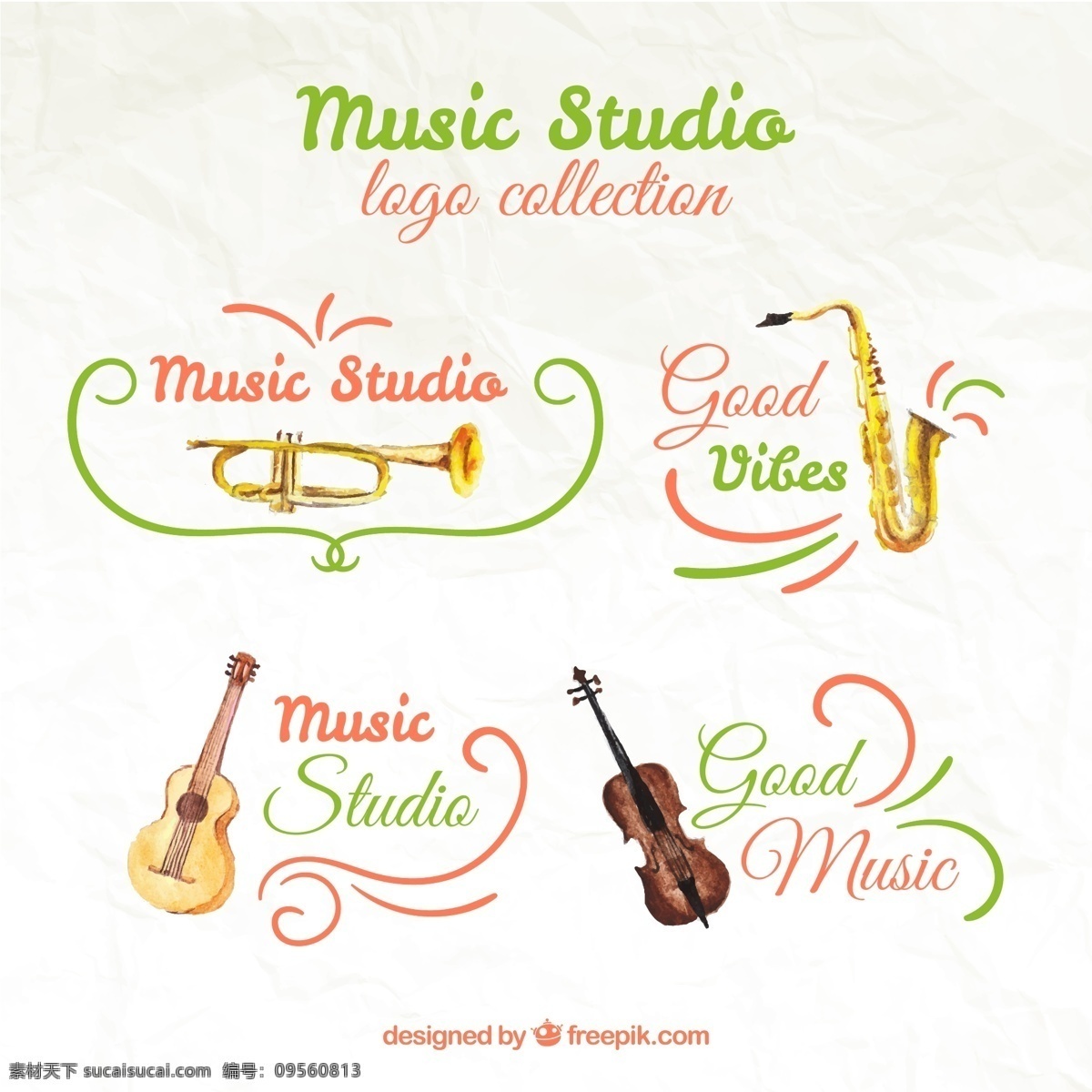 款 彩绘 乐器 音乐 工作室 标志 矢量 小号 萨克斯 小提琴 大提琴 音乐工作室 矢量图 logo设计