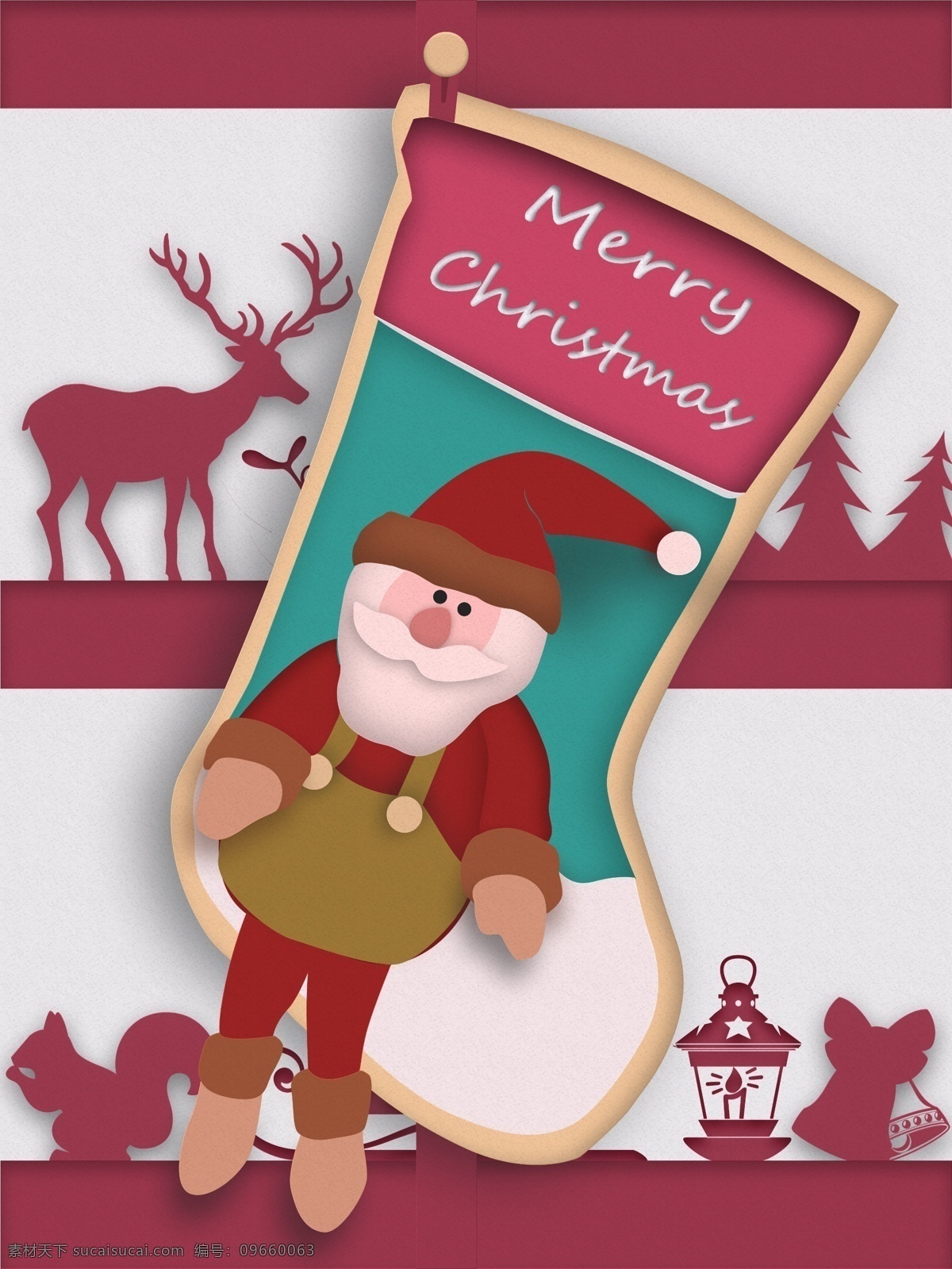 圣诞节 悬挂 圣诞 袜 剪纸 风 插画 圣诞老人 松鼠 红色 圣诞袜 鹿 剪纸风