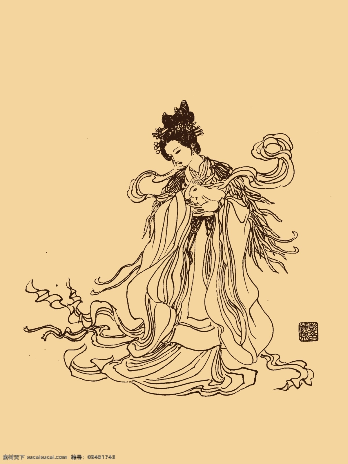 嫦娥 白描 线描 勾勒 人物画 中国画 国画 中国风 国韵 传统 中国传统 中国 人物 分层 源文件