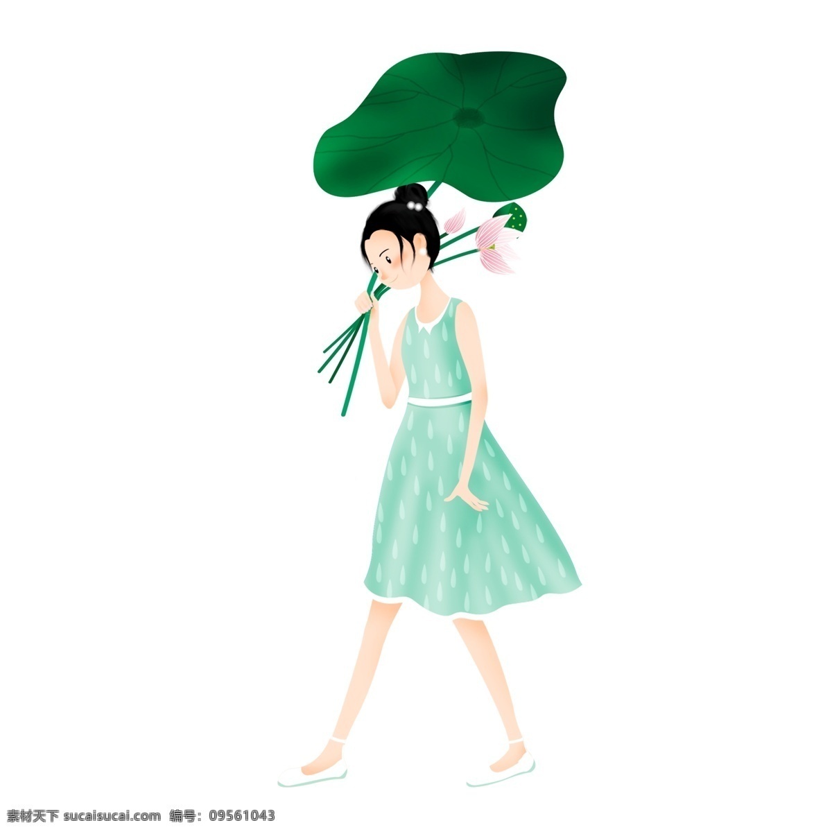 绿色 小 清新 撑 荷叶 伞 女孩 小清新 夏季 夏日 插画 卡通 手绘 荷花 少女