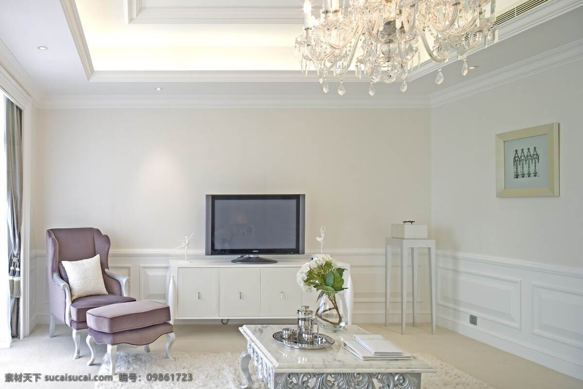 白色 系 客厅 装修 效果图 白色系 电视背景墙 电视柜 水晶灯 吊顶