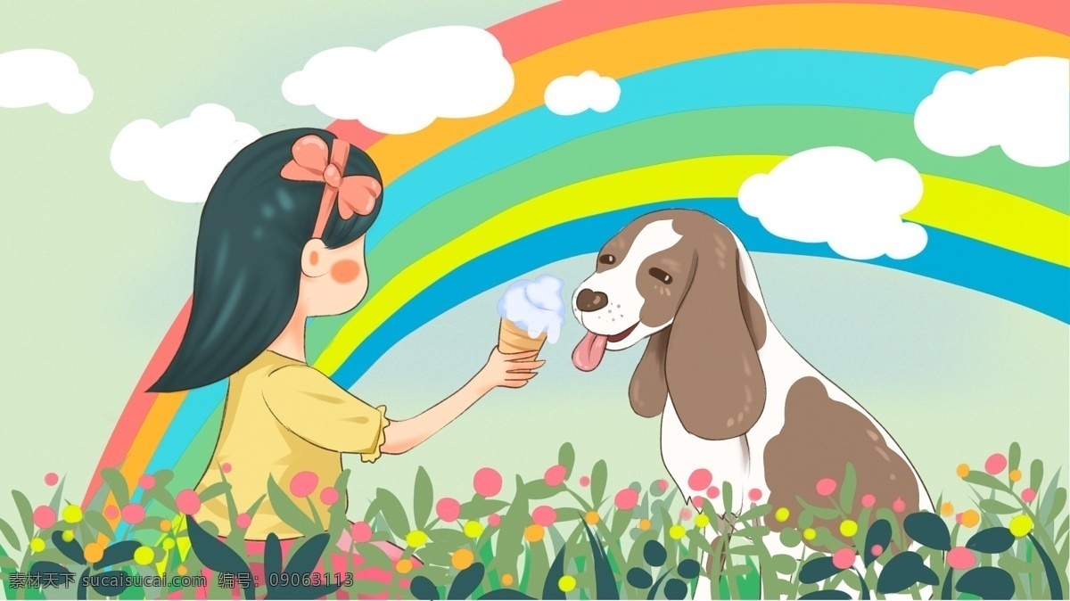 萌 宠 女孩 狗 吃 冰激凌 原创 插画 蝴蝶结 彩虹 云 植物 萌宠 花