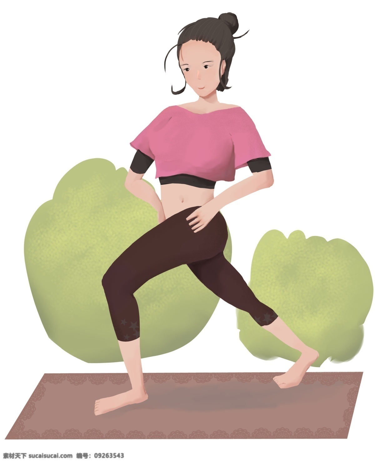 卡通 瑜伽 女孩 插画 练瑜伽的女孩 瑜伽运动 运动的女孩 绿色植物装饰 健身 锻炼身体 瑜伽垫