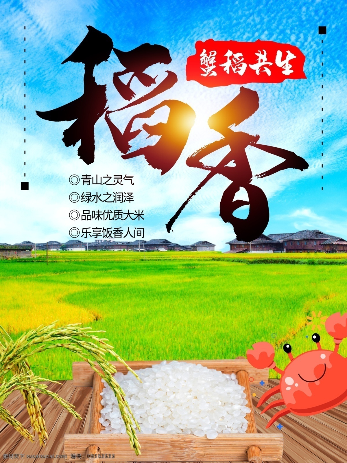 稻香大米海报 大米海报 有机大米 大米广告 优质大米 大米促销 大米宣传 稻香 水稻 田园背景 绿叶 蓝天白云 绿色食品 健康