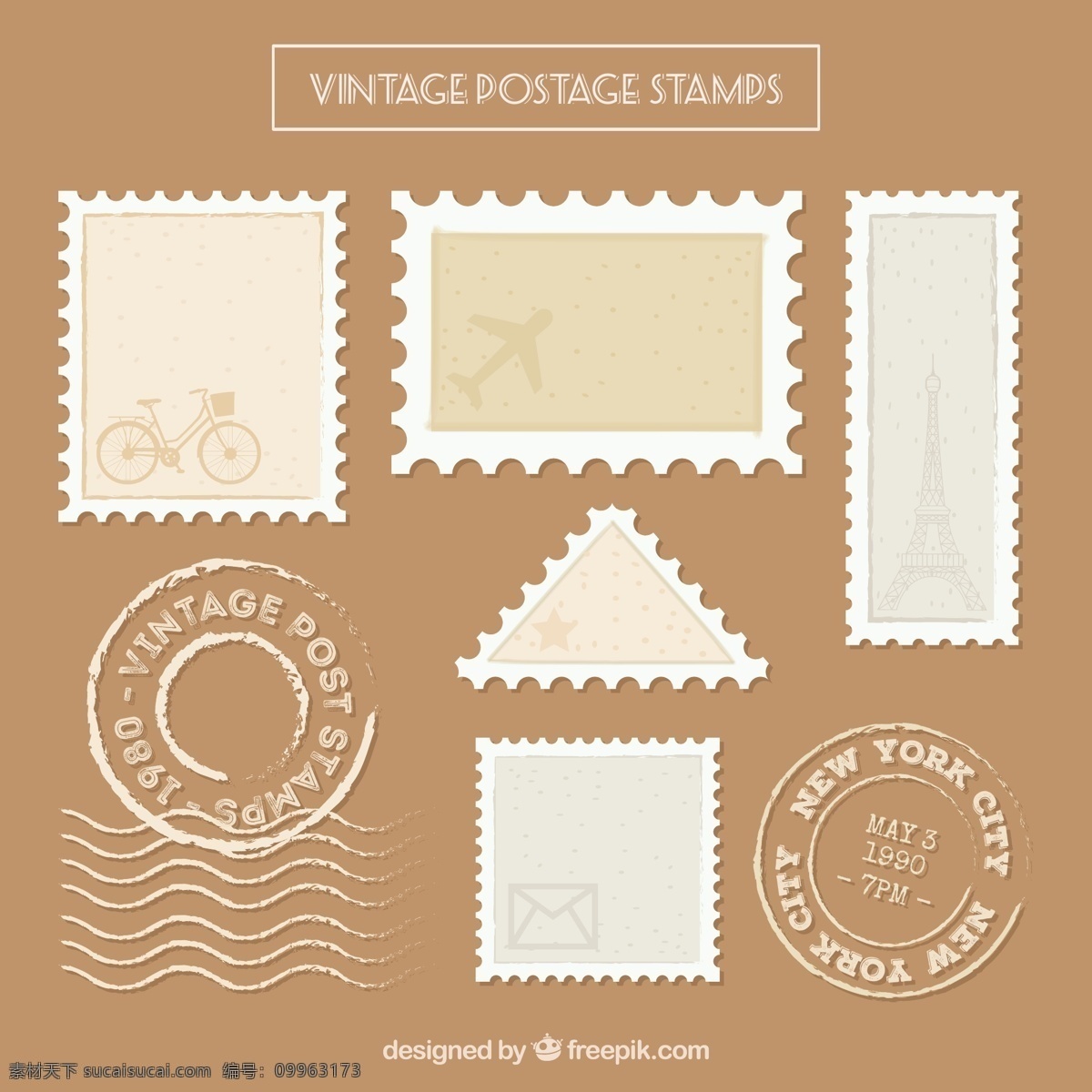 款 复古 邮票 邮戳 矢量 7款 邮票和 邮 戳