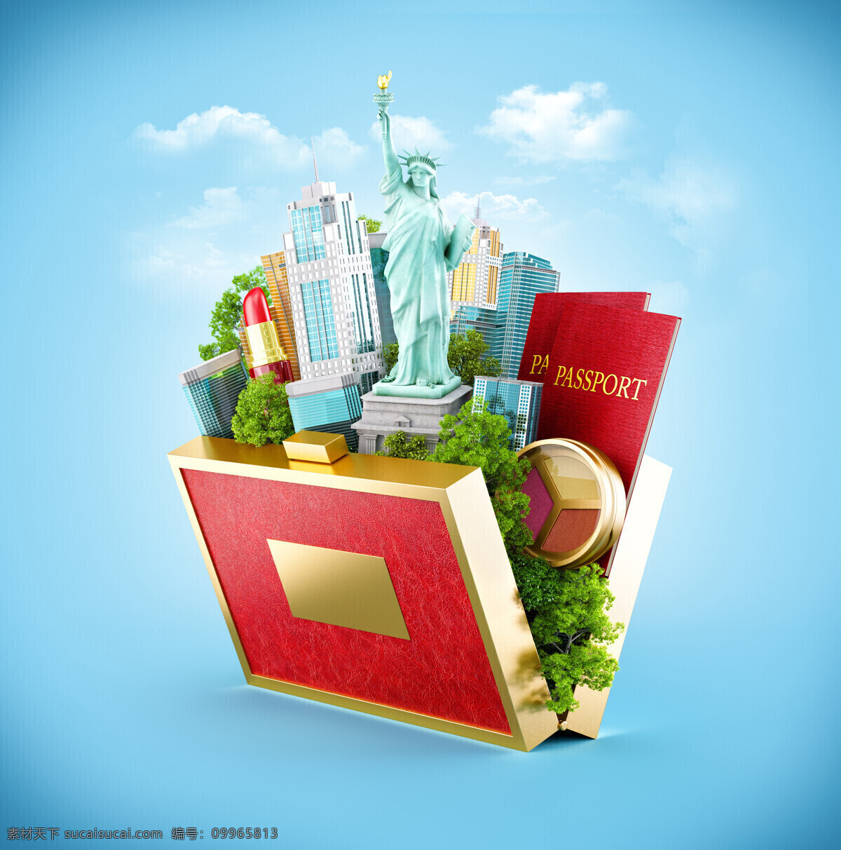 创意行李箱 护照 自由女神像 城市风景 行李箱 旅行 旅游 旅行主题 旅游素材 自然风景 自然景观 青色 天蓝色