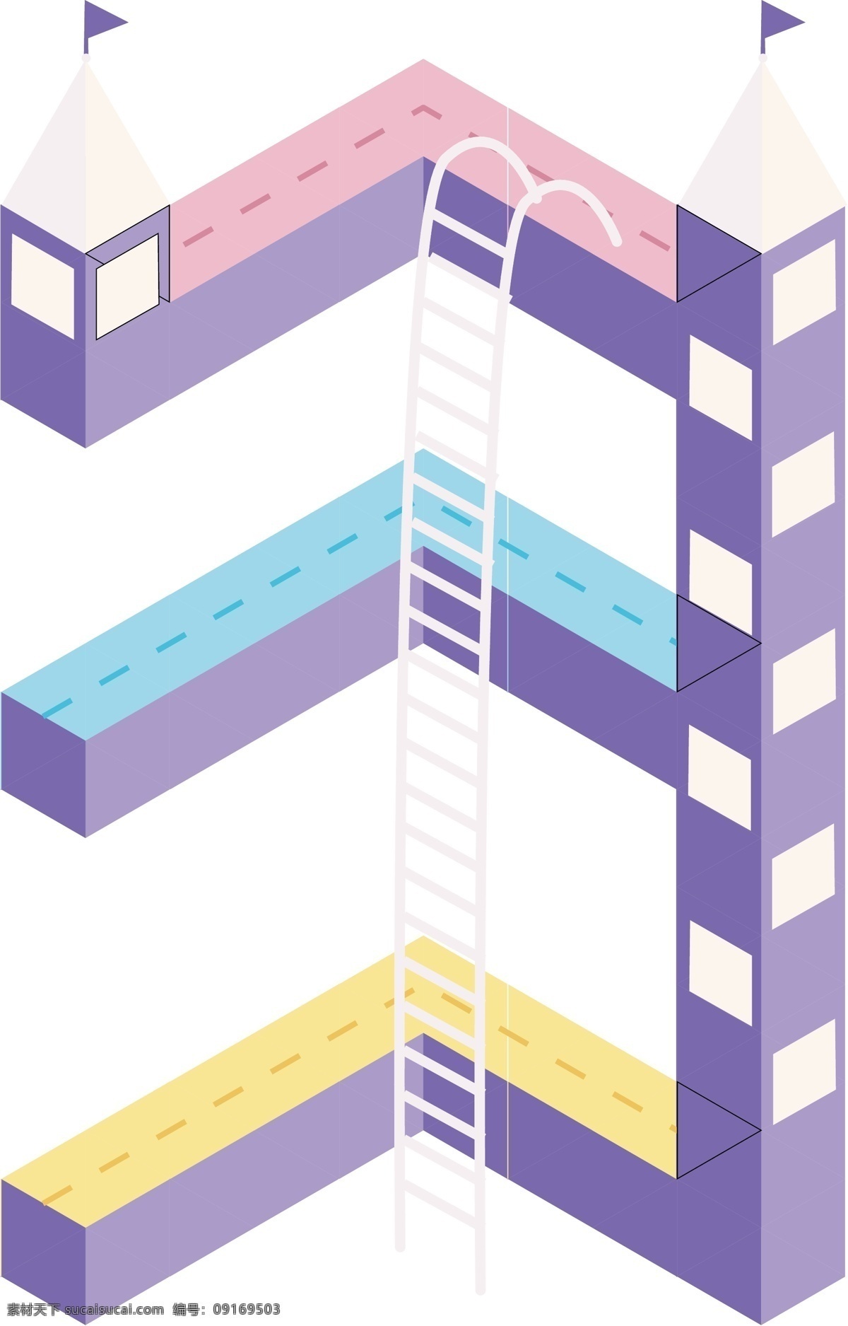 卡通 立体 数字 紫色 城堡 阶梯 装饰 矢量 元素 创意 数字3 可爱