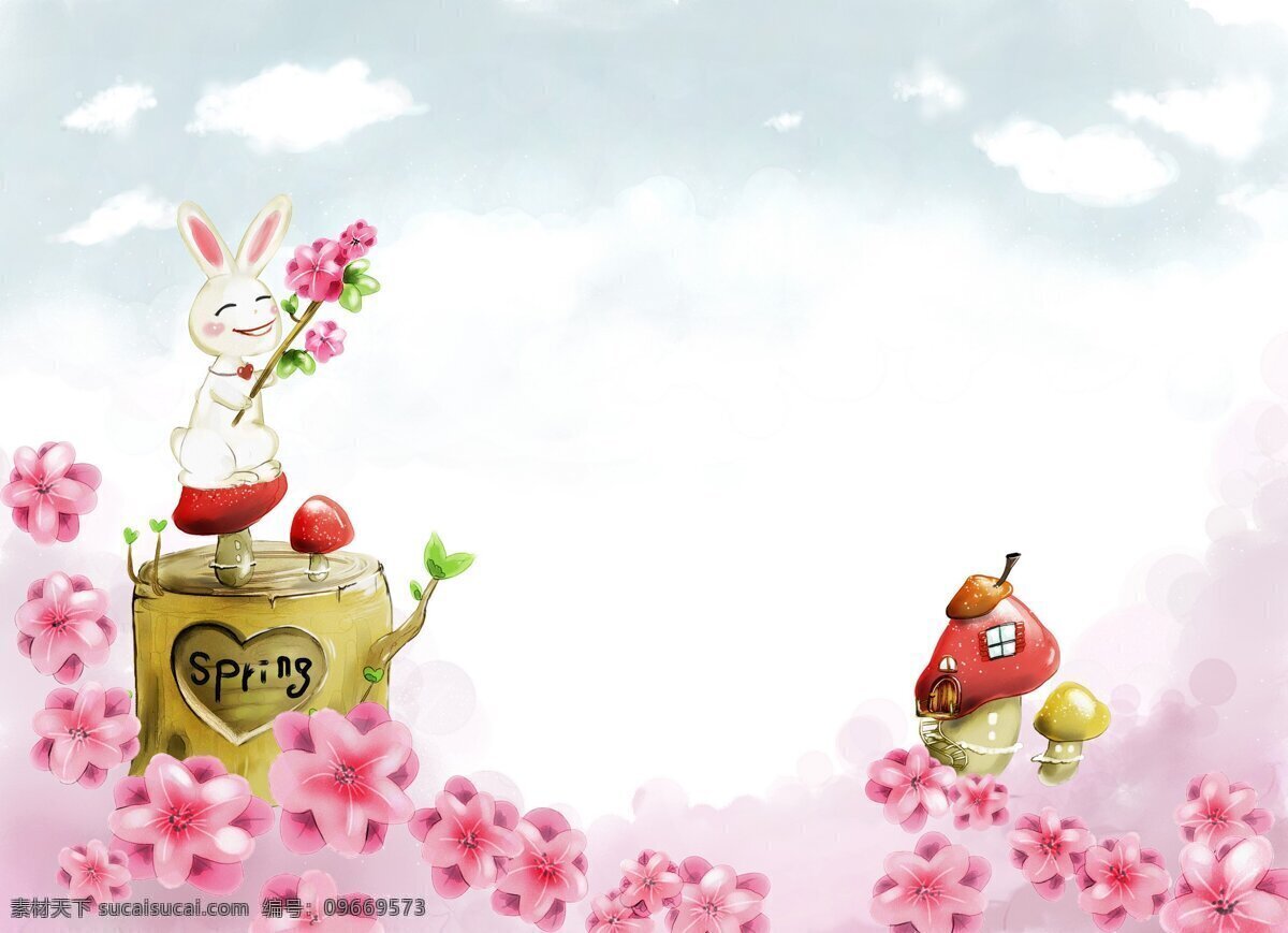 手绘 卡通 图 春天 花朵 蘑菇房子 兔子 树墩 动漫 可爱