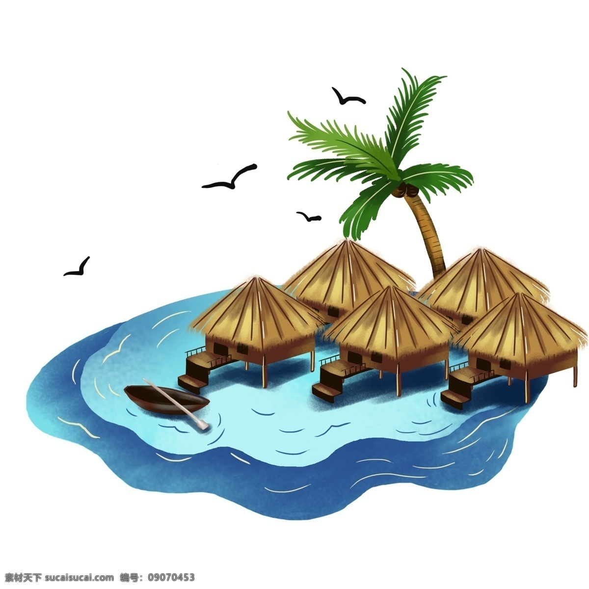 中国旅游 日 浪漫 马尔代夫 手绘 元素 中国旅游日 度假胜地 度假 假期 旅游 蜜月 海边 大海 船 海鸥 椰树 美