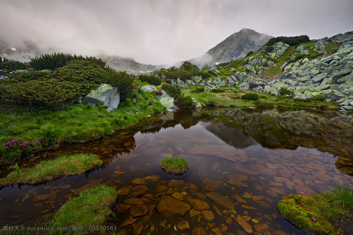 高山 下 河水 草地 石头 清澈 山水风景 风景图片