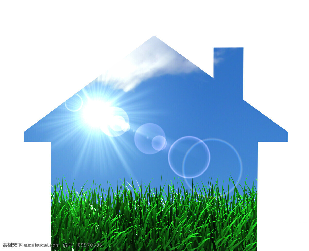 房屋 状 蓝天 草地 房屋状 太阳 光晕 云朵 绿草 其他类别 环境家居