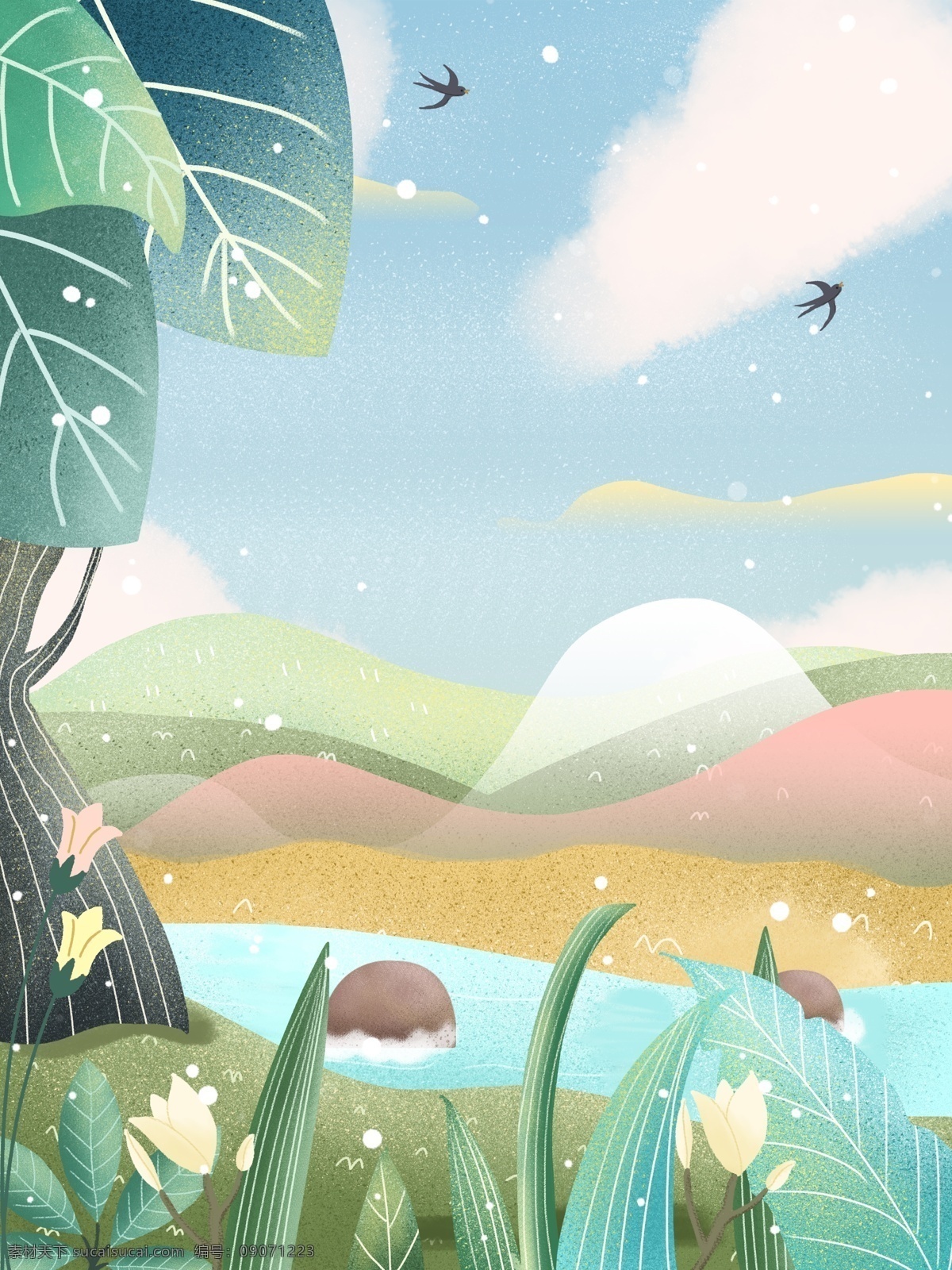 唯美 清新 山水风景 手绘 背景 插画背景 植物背景 草地背景 绿地背景 蓝天白云 河边