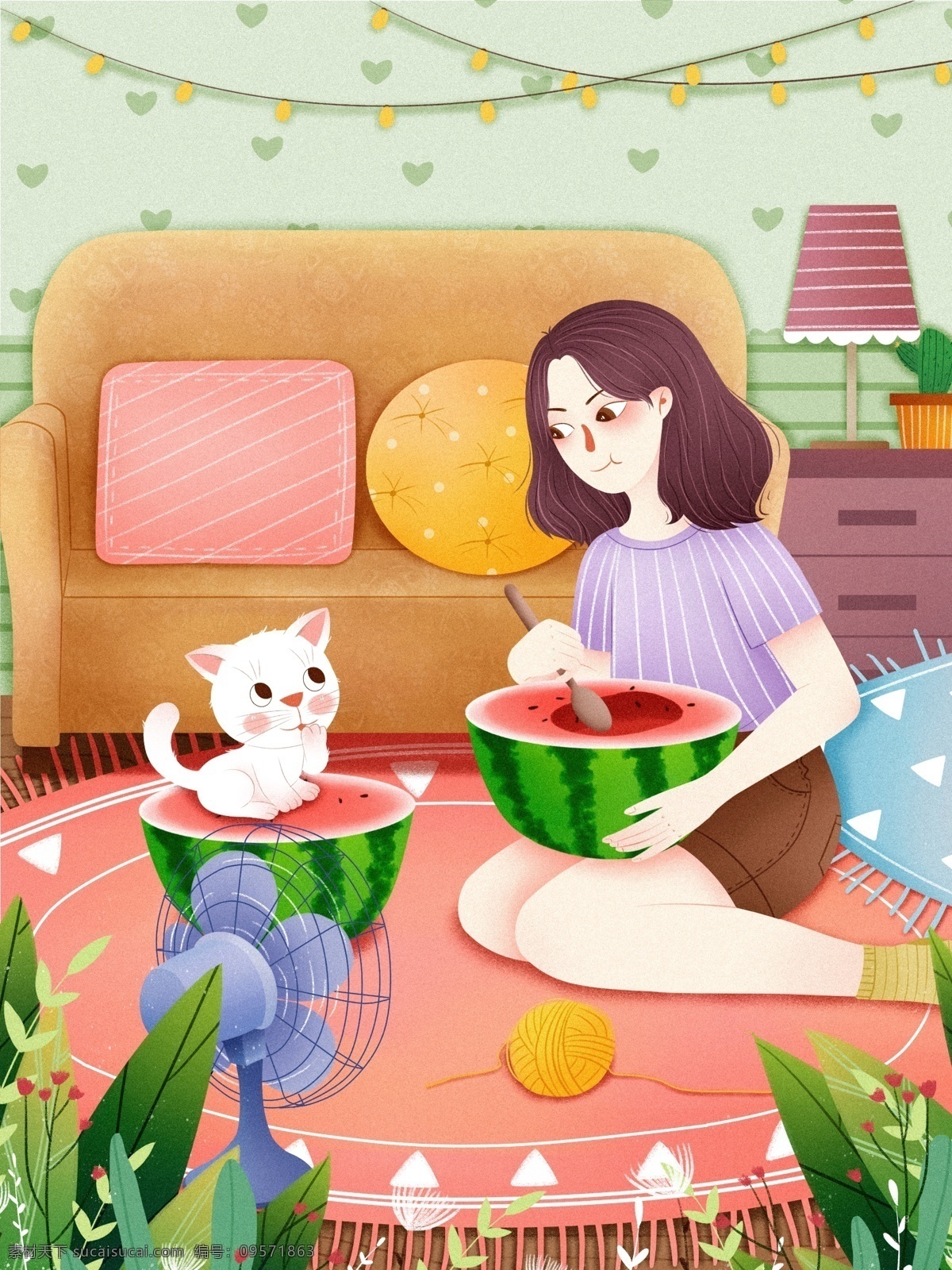 清新 夏天 夏至 小女孩 吃 西瓜 插画 小清新 小清新插画 夏天插画 夏至插画 小暑 小暑插画 大暑 大暑插画 西瓜插画