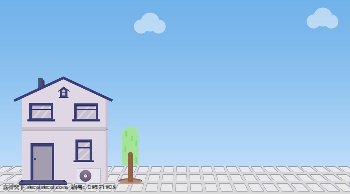 唯美 手绘 蓝天 白云 下 屋子 插画 背景 蓝天白云 色彩背景 特邀背景 通用背景 广告背景
