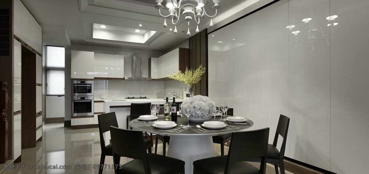 简约 餐厅 圆形 餐桌 装修 效果图 方形吊顶 个性吊灯 灰色地板砖 灰色墙壁