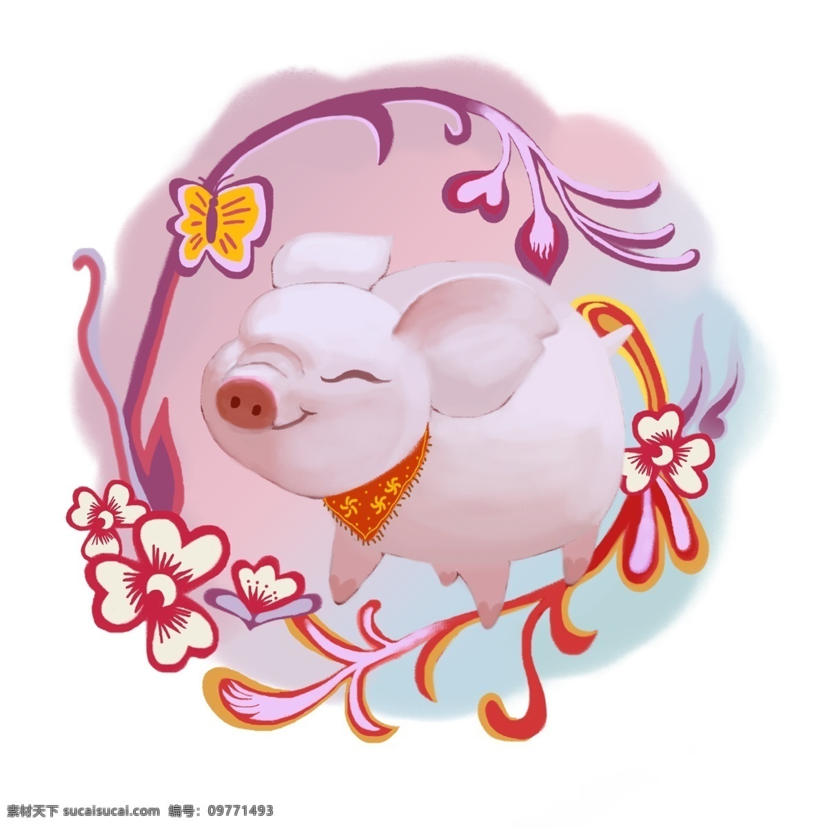 生肖 猪 可爱 手绘 插画 卡通 清新 春节 喜庆 生肖猪