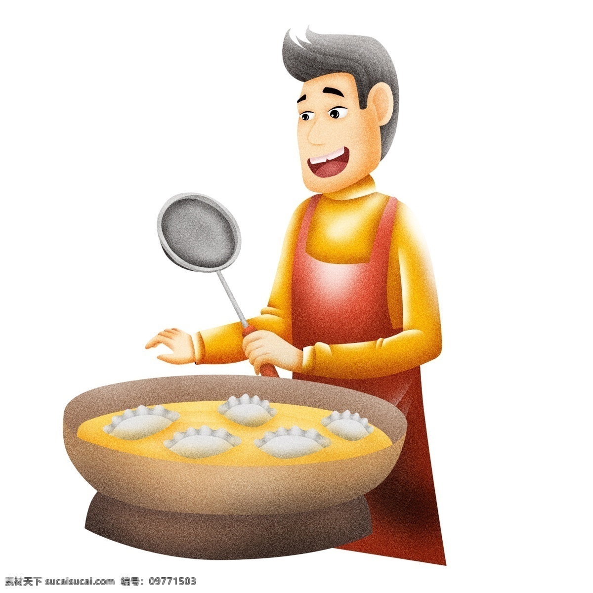 手绘 立冬 煮 饺子 男人 商用 元素 插画 锅子 勺子 煮饺子