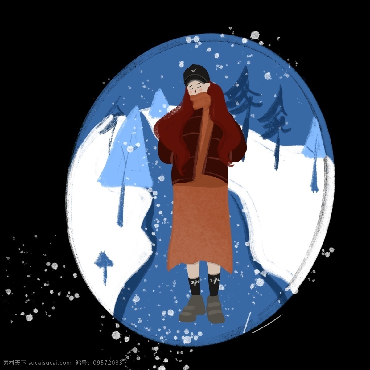 冬季 人物 大雪 插画 漂亮的小女孩 手绘小女孩 卡通小女孩 小女孩插画 手绘 蓝色的植物