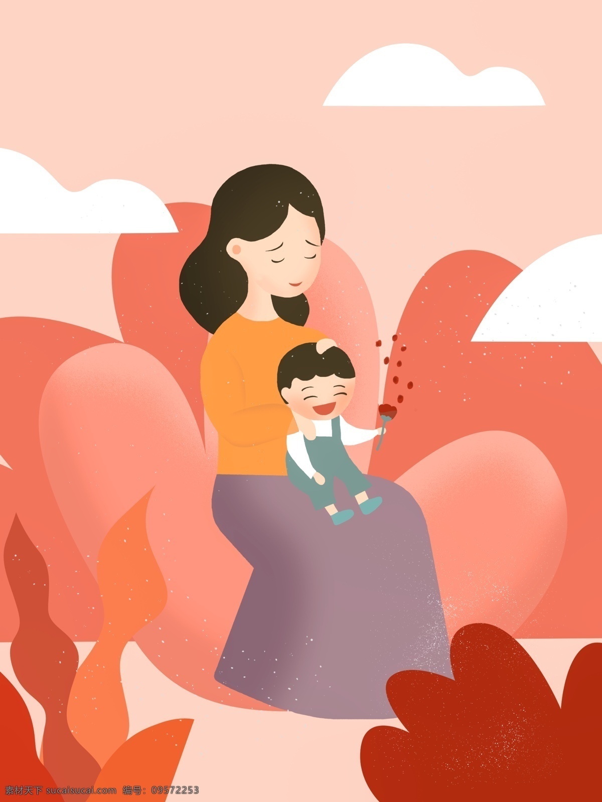 简约 清新 粉色 系 母子 连心 母亲节 节日 插画 海报 节日插画 妈妈孩子 小清新 母亲节插画 母子插画