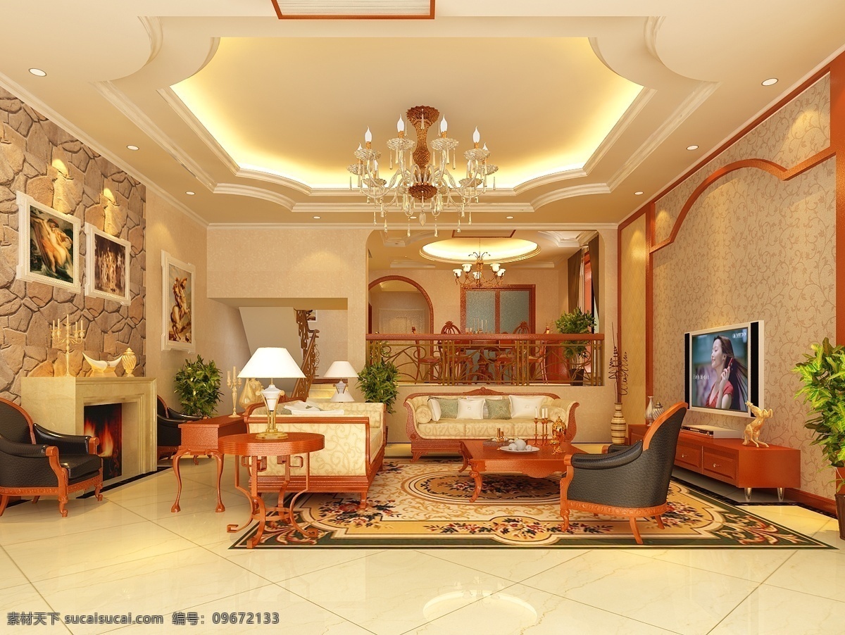 别墅 欧式 客厅 模型 3d模型 电视机 欧式客厅 沙发茶几 max 黄色