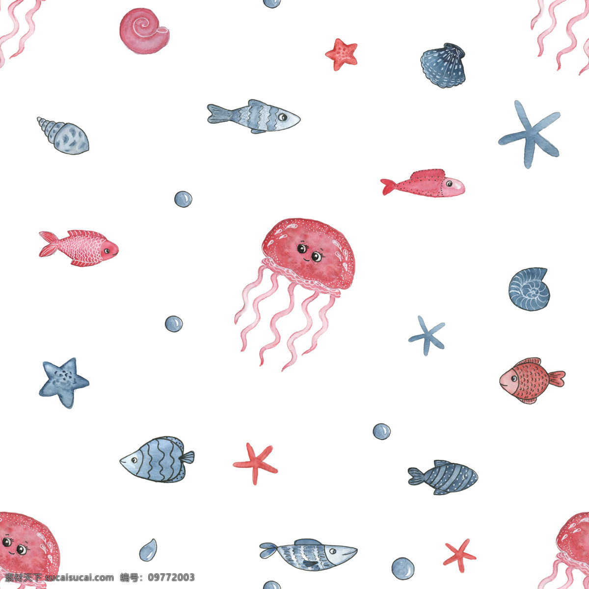 手绘 海底 世界 生物 背景 背景素材 海草 海星 红色 螺 水母 小雨