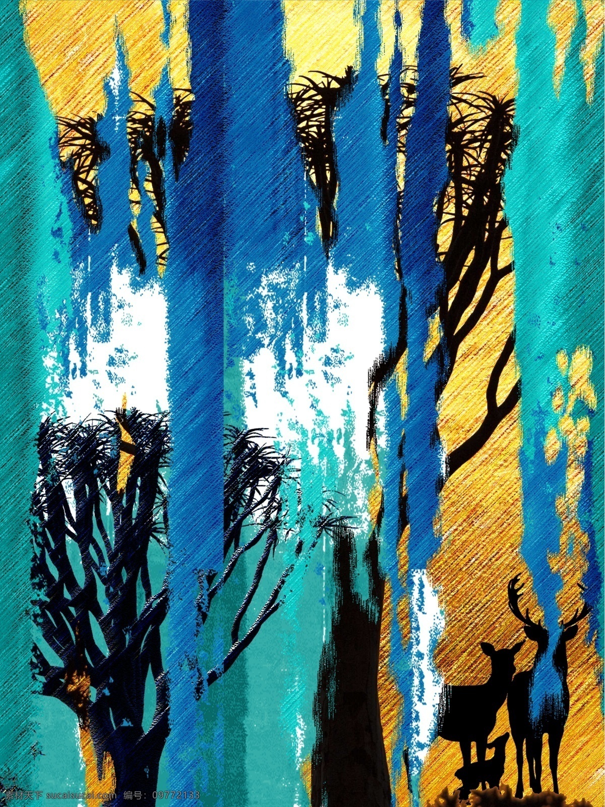 现代 抽象 竖 条纹 客厅 装饰画 金色背景 剪影树 一联画 抽象现代 抽象蓝绿条纹 剪影母子鹿