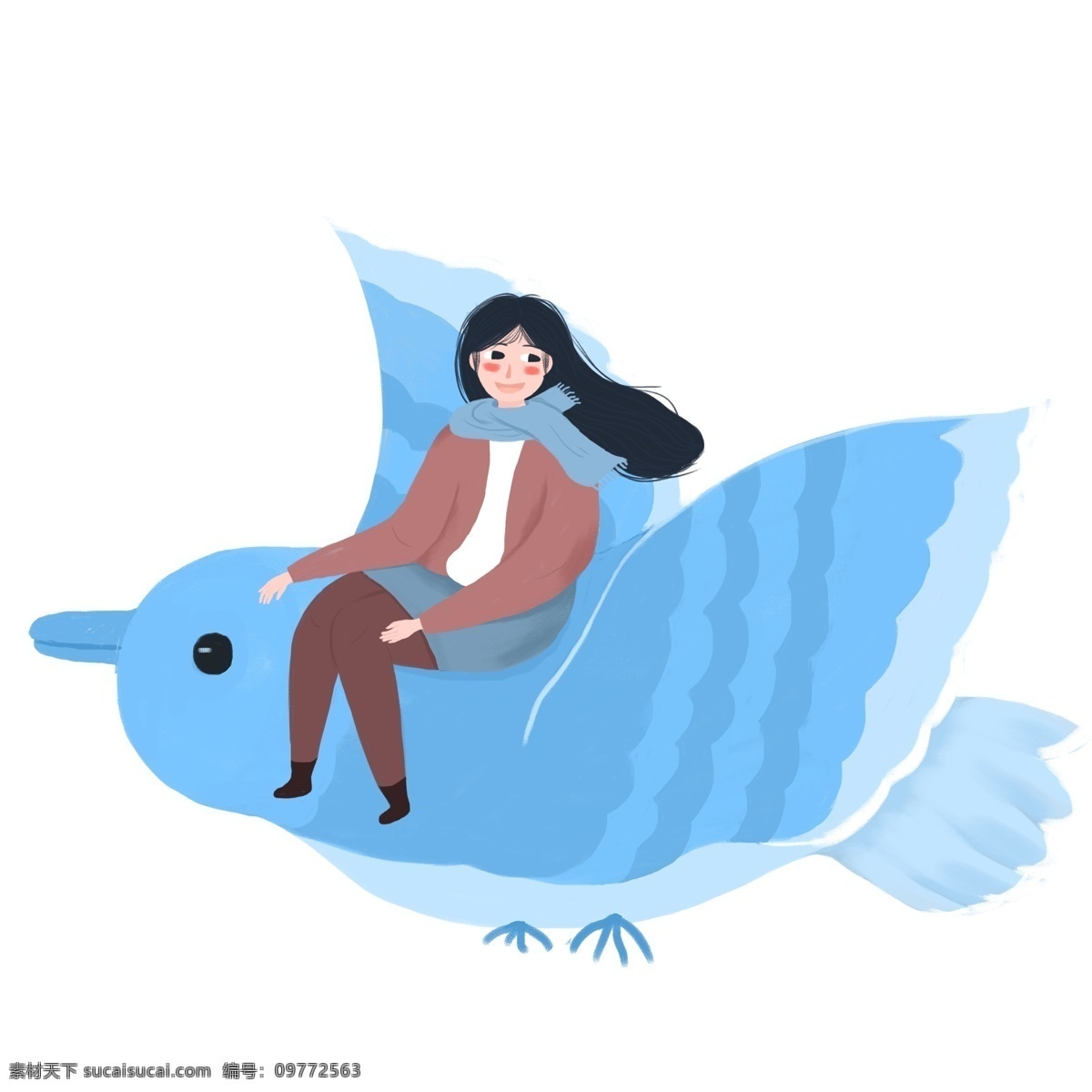 手绘 坐在 小鸟 上 自由 飞翔 女孩 商用 元素 可爱 翱翔 治愈系 插画元素