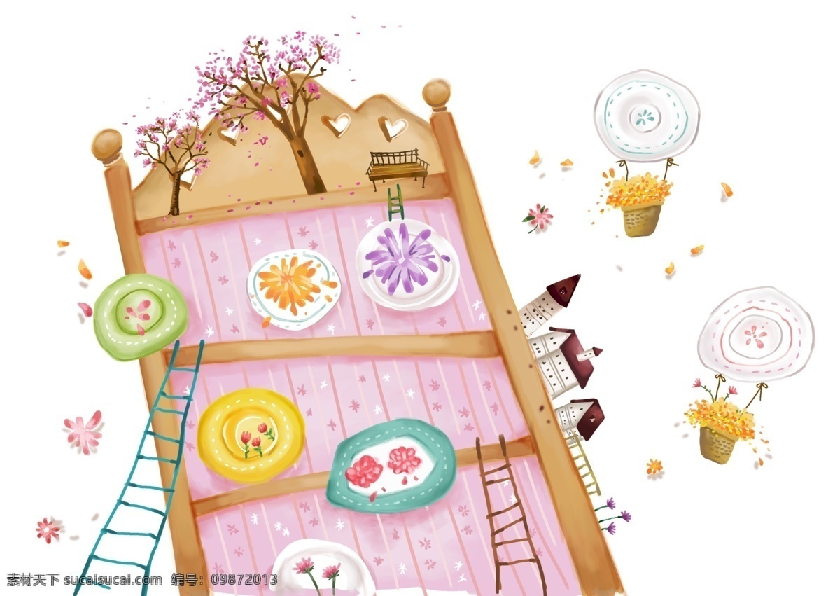 粉色 小 床上 树木 蛋糕 psd素材 插画 热气球 梯子 粉色小床 psd源文件