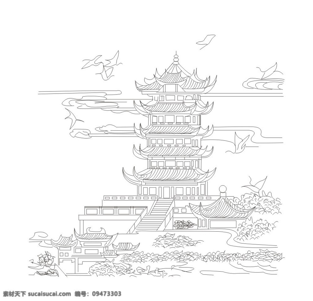 线描黄鹤楼 黄鹤楼 线描 白鹤 祥云 失量 建筑景观 自然景观 矢量