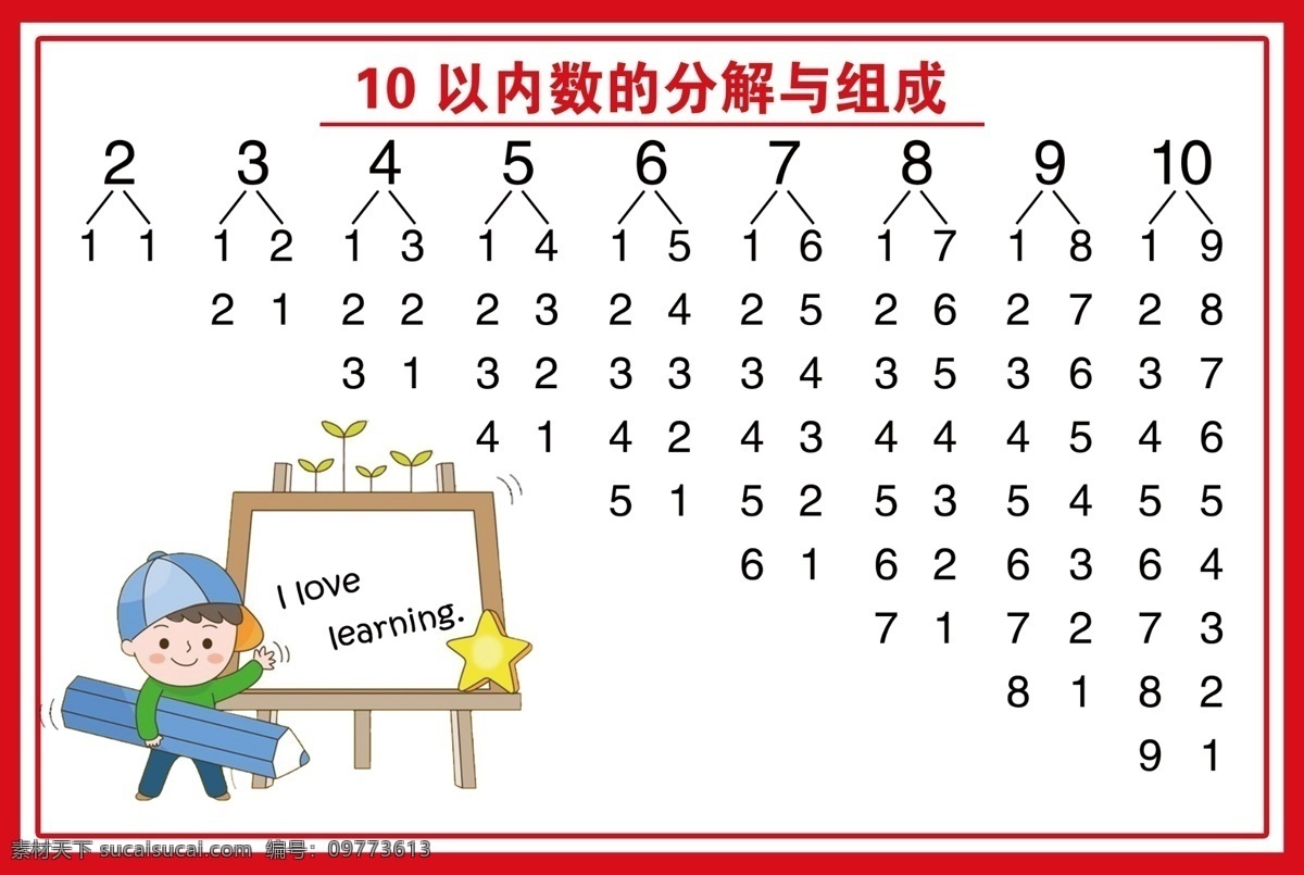 算数分解 10以内 算数 分解 卡通 卡通男孩 铅笔 画板 星星 数字 小学 幼儿园