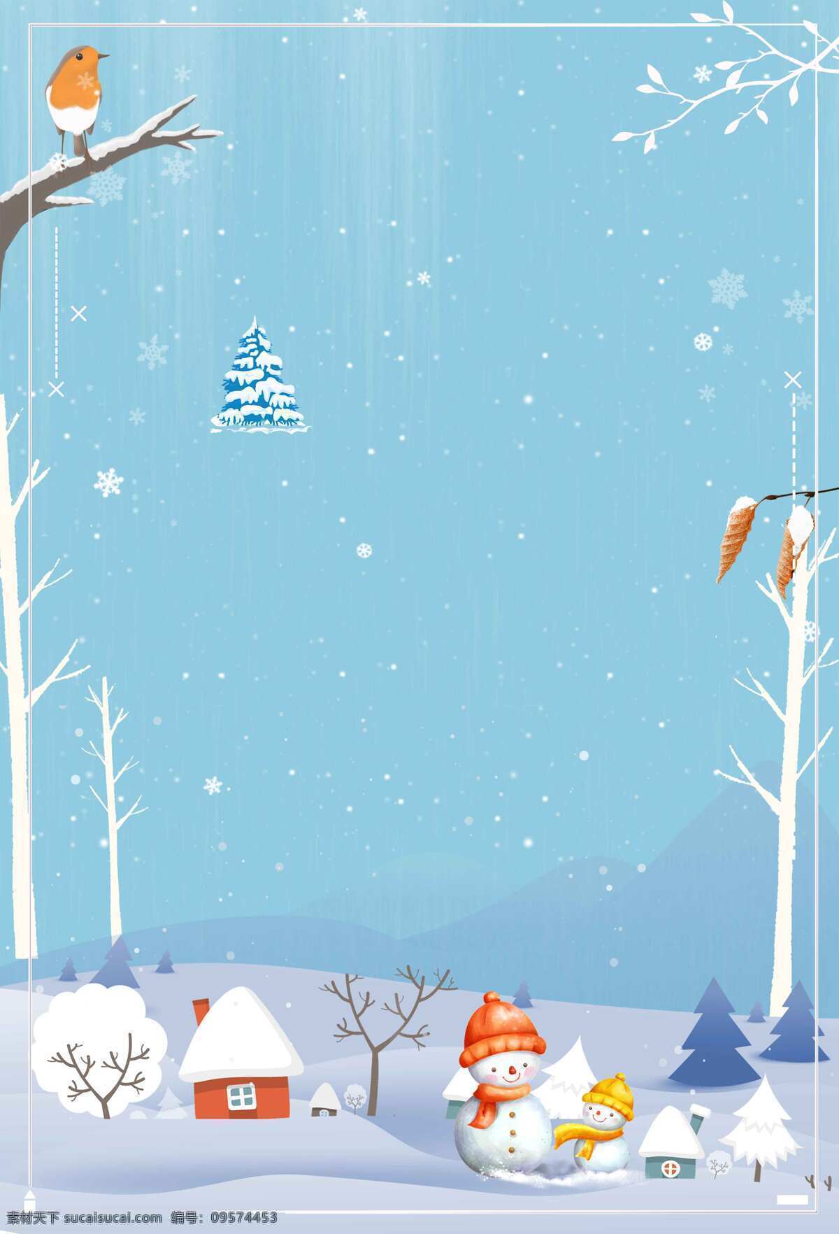 小 清新 树林 雪人 背景 冬季 广告 海报 蓝天 小清新 雪花