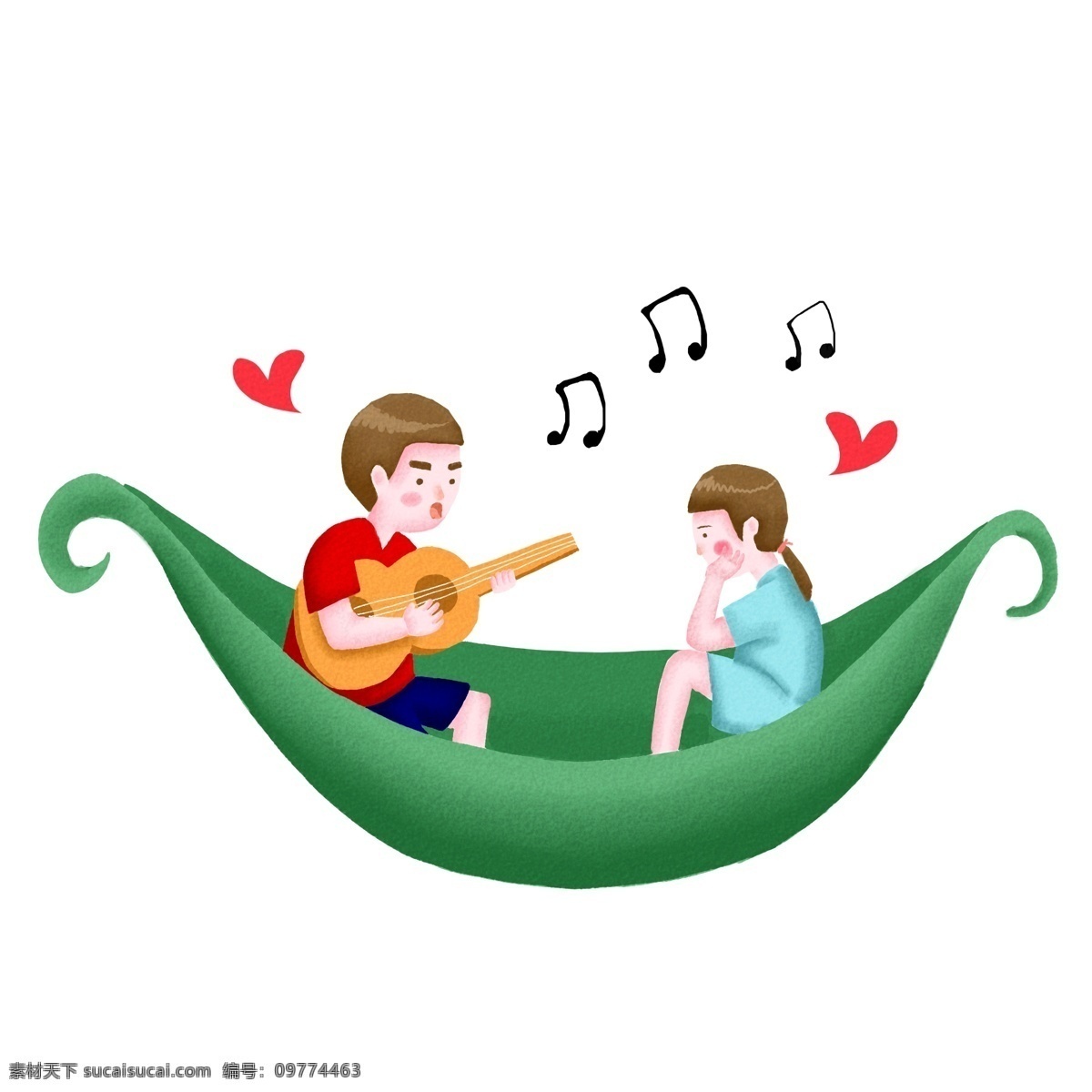 手绘 弹 吉他 约会 情侣 插画 手绘人物 音乐 音符 小船 浪漫约会插画
