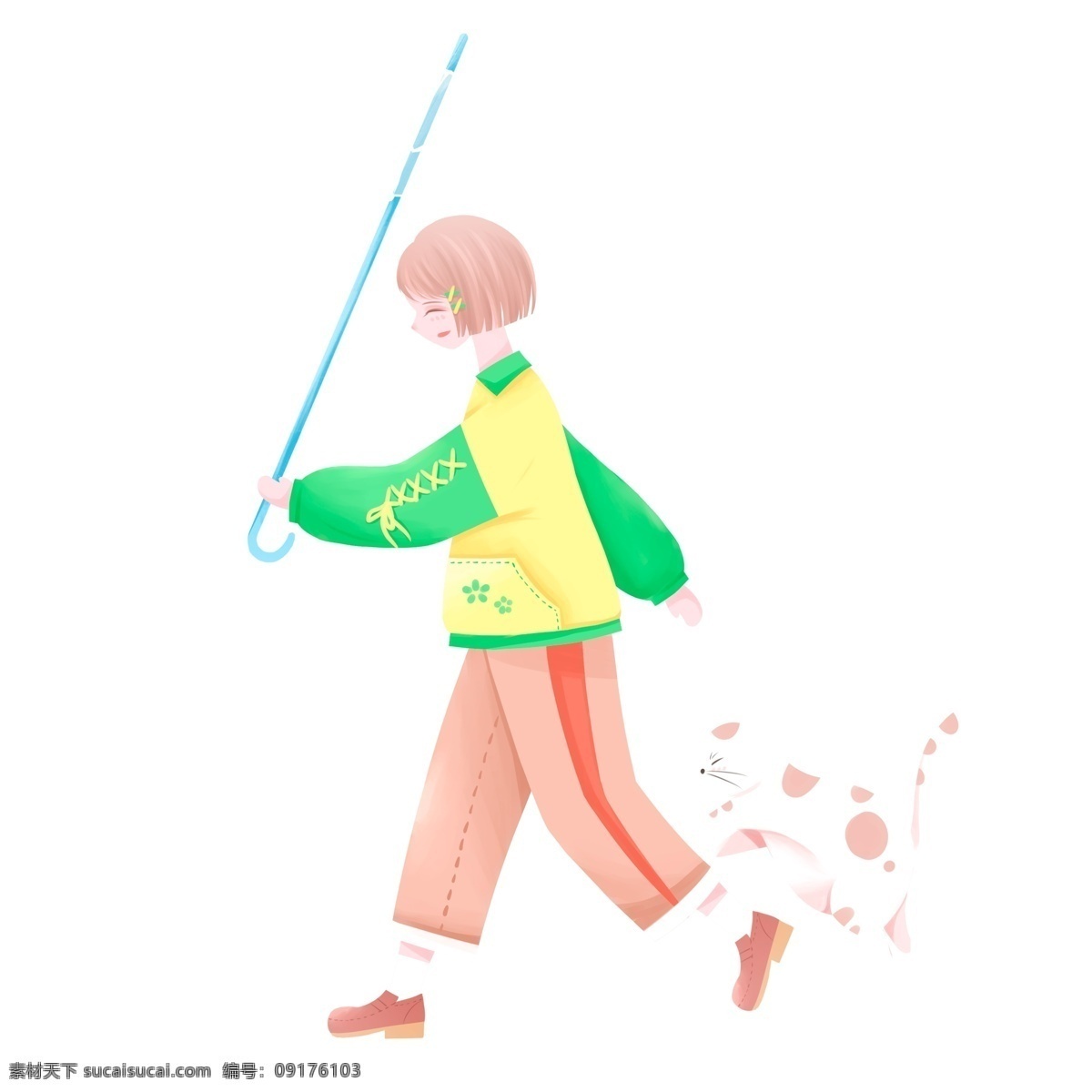 手绘 治愈 系 撑伞 女孩 猫咪 治愈系 插画 动物 雨伞 雨天 人物设计