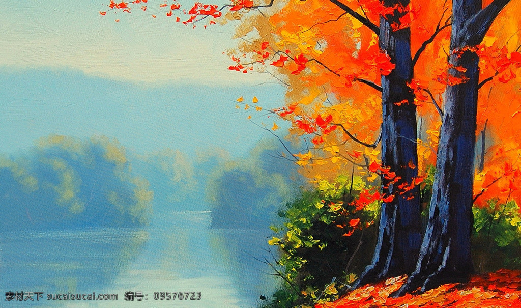 风景 油画 枫叶 湖水 深秋 雾漫漫 装饰素材