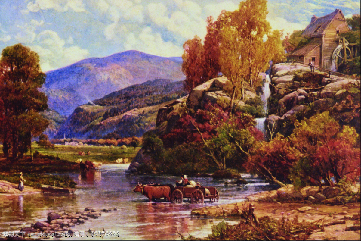 风景 油画 车 房子 风景油画 湖 绘画书法 牛 人 人物 树 天空 山 牛车 文化艺术