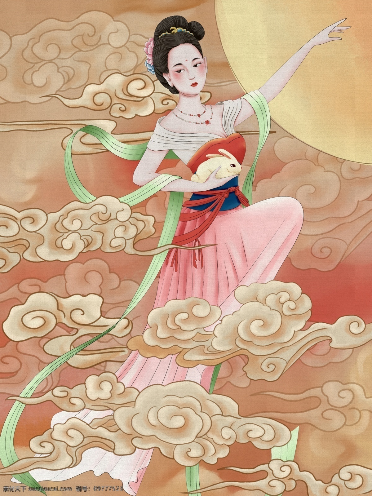 国 潮 国风 嫦娥奔月 中秋 原创 插画 国潮 中国风 工笔 唯美 仙女 嫦娥 云彩 飞天 神话 插图 中秋节