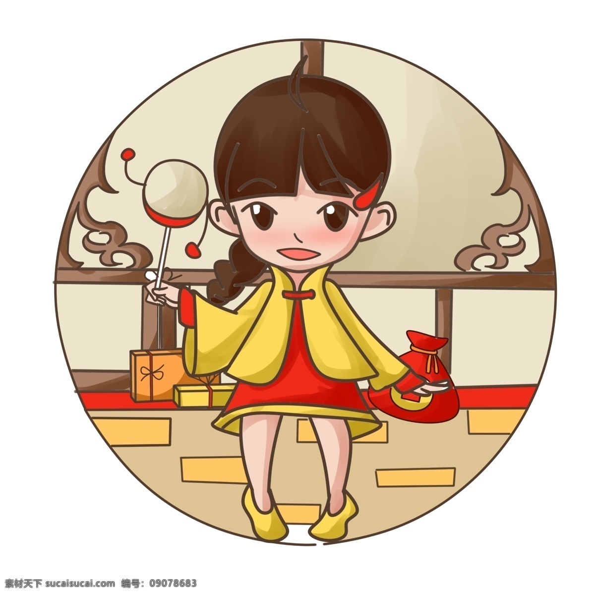 春节 女孩 玩 拨浪鼓 插画 喜庆 可爱女孩 卡通女孩插画 新年 玩拨浪鼓 庆新年 坐着的女孩