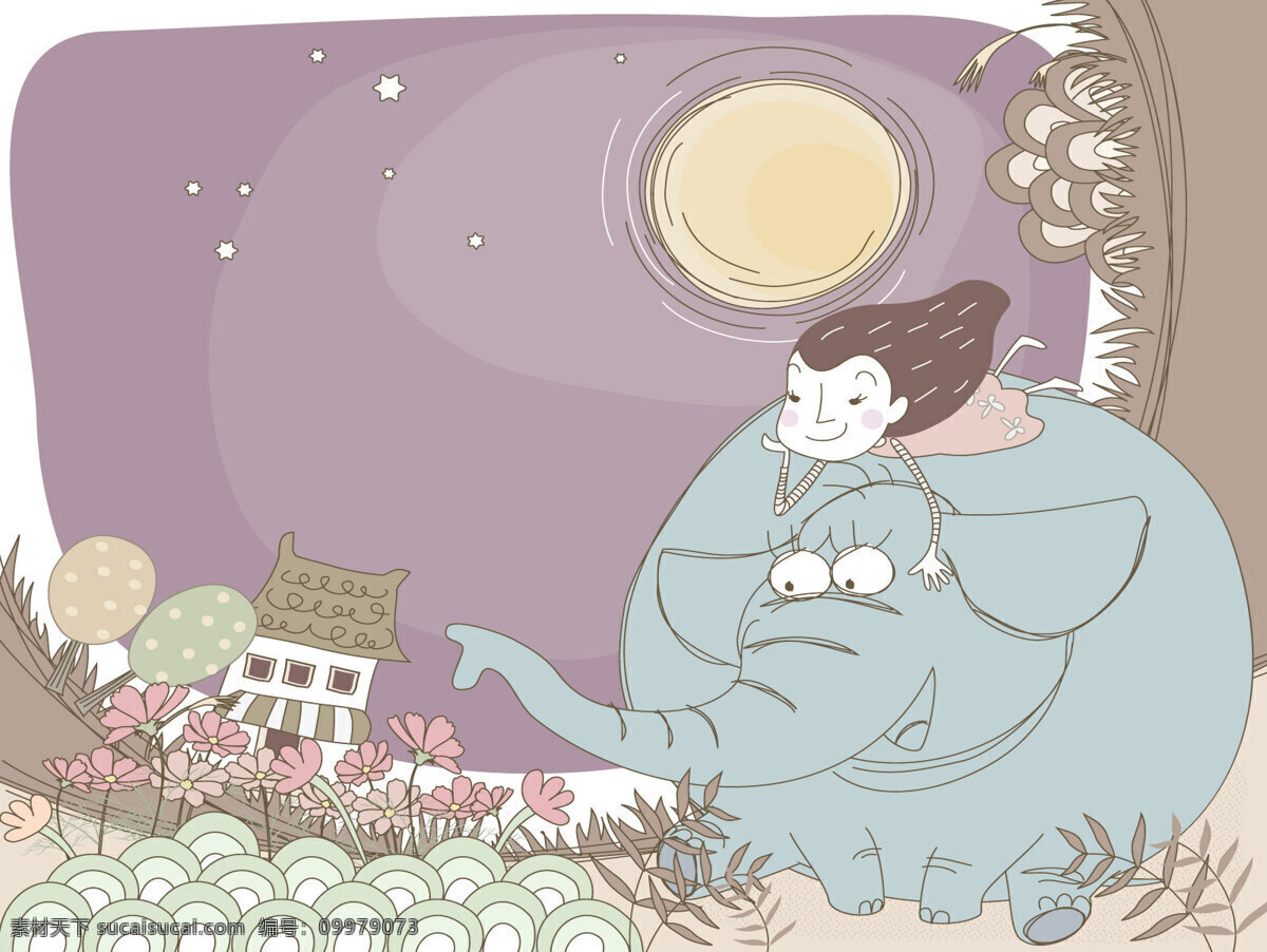 女孩 晚上 骑 大象 看 花 淡彩 手绘 风格插画 插画集