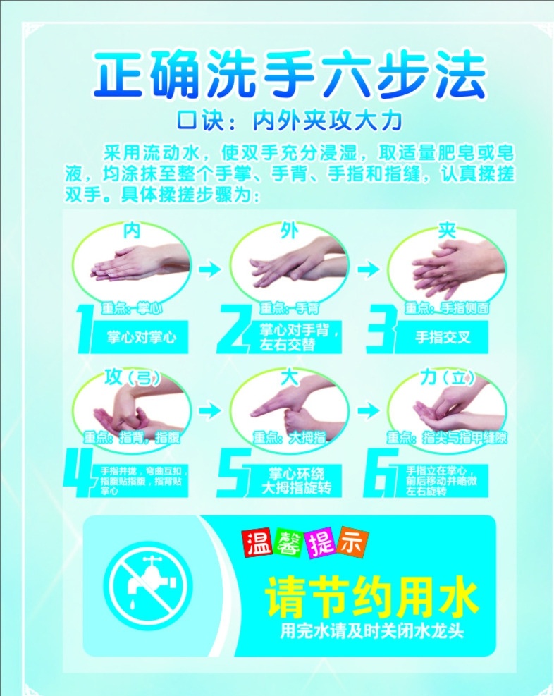 绿色 手 温馨提示 洗手 预防疾病 正确 洗手六步法 矢量素材 模板下载 矢量 可编辑文字 生活百科 医疗保健