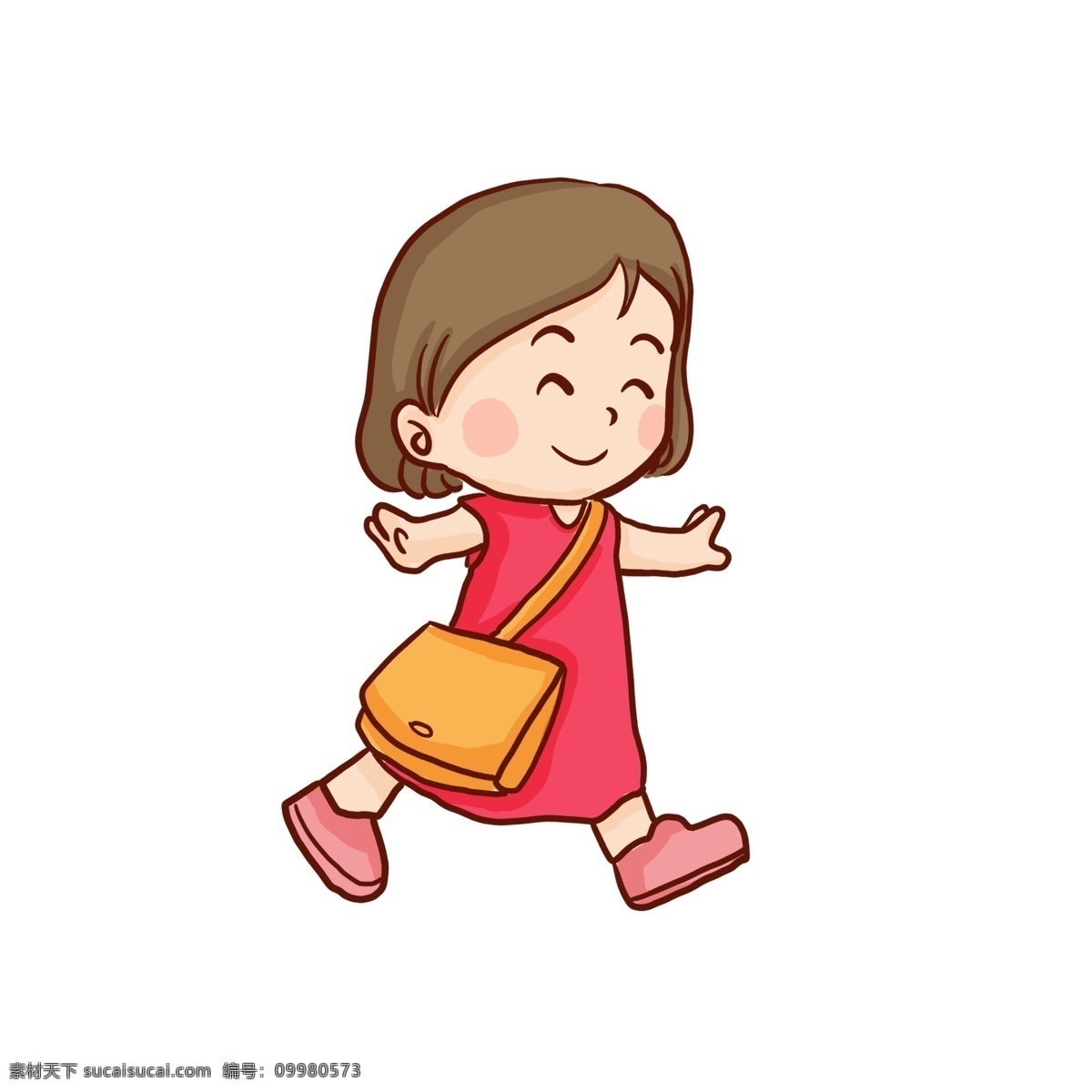 手绘 开心 上学 女孩 人物 卡通 漫画 学生 小学生 人物素材 插画设计