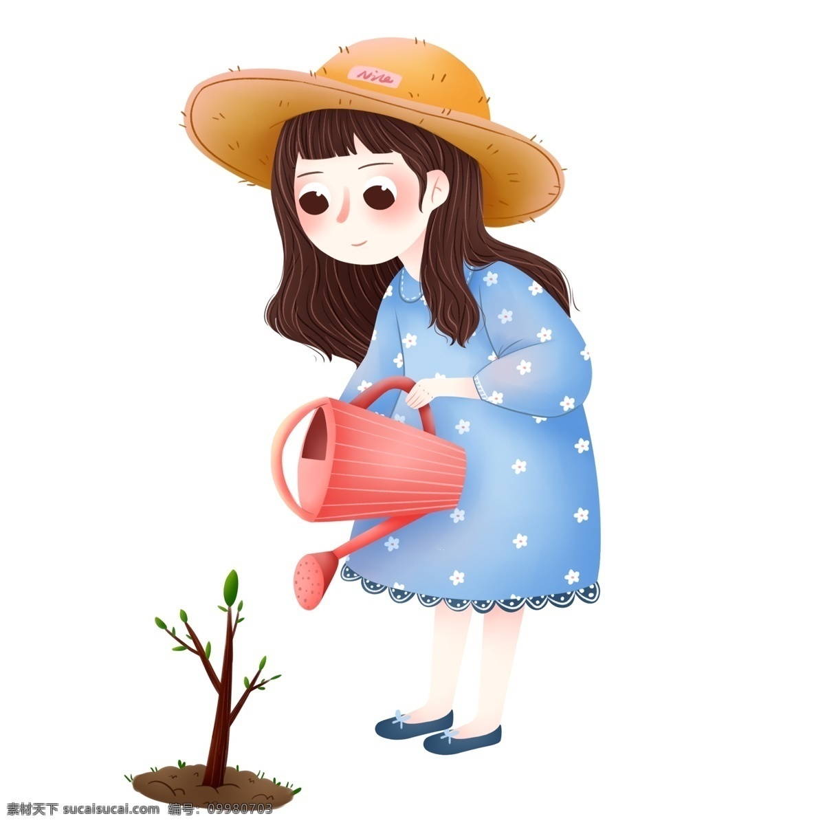 卡通 小 清新 种树 浇 花 女孩 手绘 小清新 插画 植树 浇花 植树节
