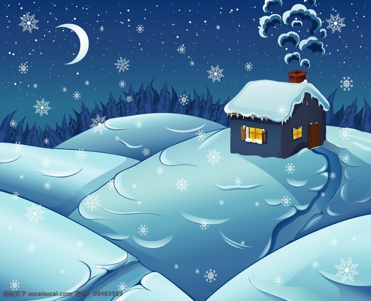 圣诞 夜景 月亮 卡通 房子